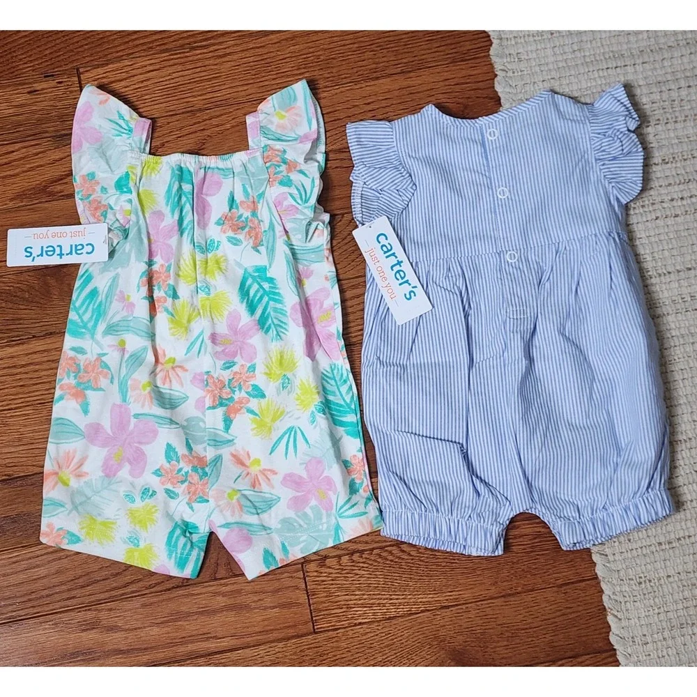 Carters One Piece Infant‎ Baby Girl Outfit Set 3 Mo Flowers Stripes Sleeveless